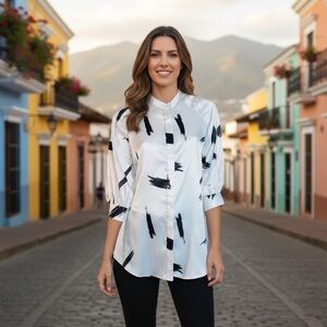 Beach Satin abstract 1/2 Length Sleeve White‎ Black Button Down Shirt